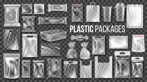 Plastic Packages Transparent Wrap Set Vector. Empty Food Product Polyethylene Stock Illustration