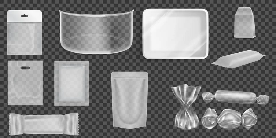 Plastic Packages Transparent Wrap Set Vector. Empty Food Product Polyethylene Stock Illustration