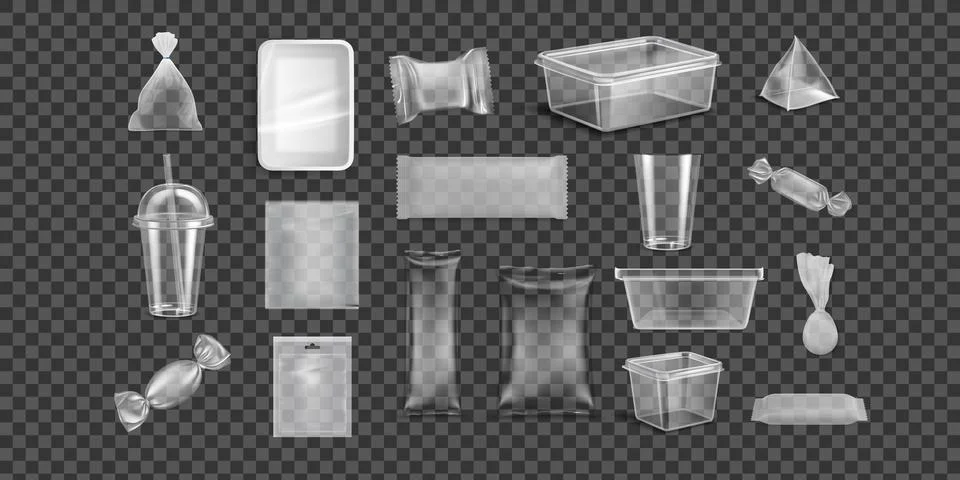 Plastic Packages Transparent Wrap Set Vector. Empty Food Product Polyethylene Stock Illustration
