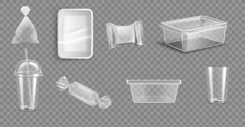 Plastic Packages Transparent Wrap Set Vector. Empty Food Product Polyethylene Stock Illustration