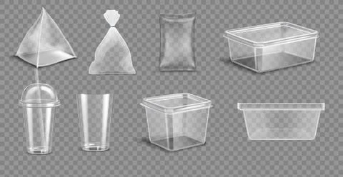 Plastic Packages Transparent Wrap Set Vector. Empty Food Product Polyethylene Stock Illustration