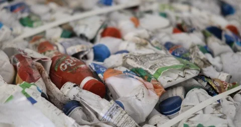 Plastic packaging and bottles from dairy products to reuse at recycling plant. Stock Footage 120123441