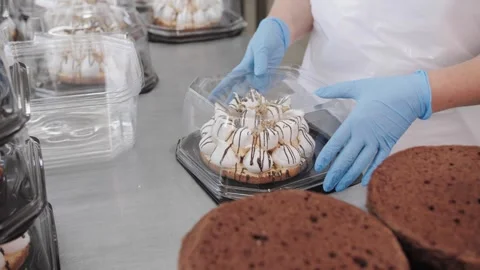 Plastic Packaging Of Delicious Cake In Industrial Confectionery Bakery Stock Footage 322512448