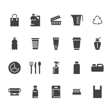 Plastic packaging, disposable tableware flat glyph icons. Product packs Stock Illustration