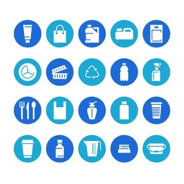 Plastic packaging, disposable tableware glyph vector line icons. Product packs Illustrazione stock