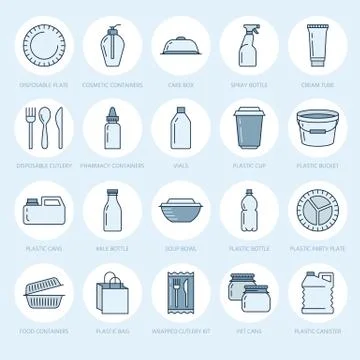 Plastic packaging, disposable tableware line icons. Product packs, container Illustrazione stock