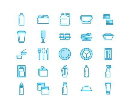 Plastic packaging, disposable tableware line icons. Product packs, container Stock Illustration