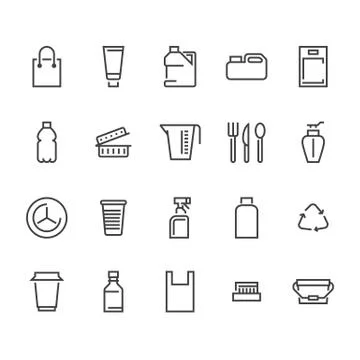 Plastic packaging, disposable tableware line icons. Product packs, container Stock Illustration