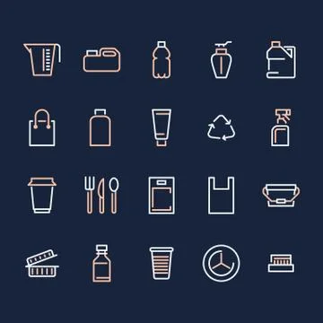 Plastic packaging, disposable tableware line icons. Product packs, container Stock Illustration