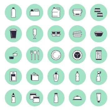 Plastic packaging, disposable tableware line icons. Product packs, container Stock Illustration