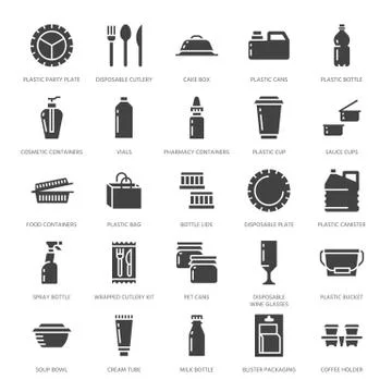 Plastic packaging, disposable tableware vector glyph icons. Product container Stock Illustration