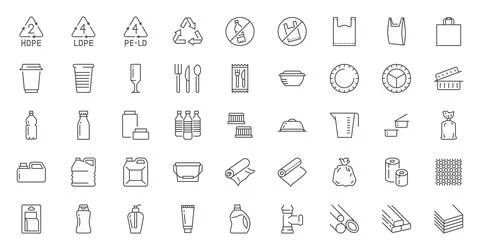 Plastic packaging line icons set. Disposable tableware, water bottle, blister Stock-Illustration