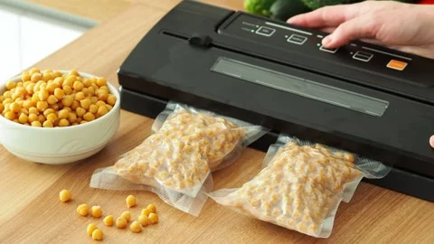 Plastic packaging machine. Portion vacuum packaging of boiled chickpeas for free Stock Footage 303697005