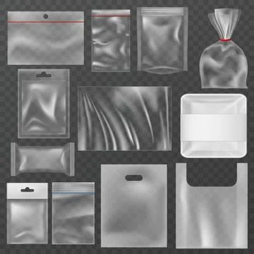 Plastic packaging. Transparent plastic packs, food containers and vacuum bags Stock Illustration