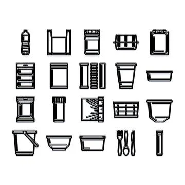 Plastic packaging waste recycling flat line icons set Stock Illustration