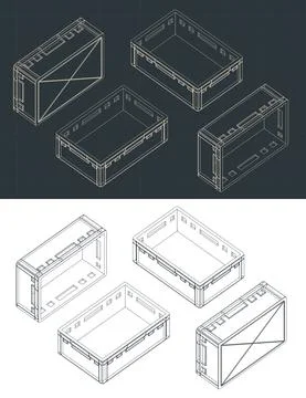 Plastic pallet box isometric blueprints Stock Illustration