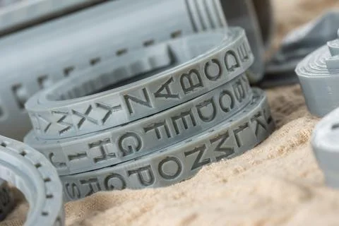 Plastic parts printed on a 3D printer, round letters rings for cryptex. Stock Photos