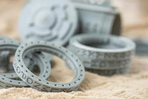 Plastic parts printed on a 3D printer, round letters rings for cryptex. Stock Photos