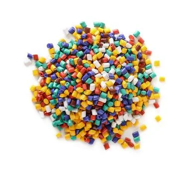 Plastic pellets Top view of plastic pellets stack isolated on white Copyri... Foto stock