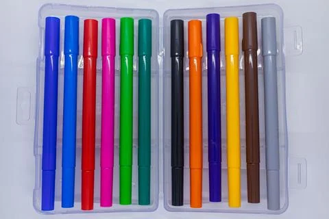 Plastic Pen Collection on Light Background Stock Photos
