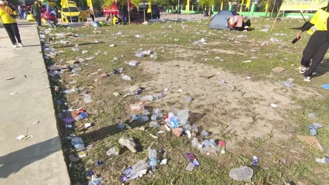 Plastic pet bottles left after an party, event. Stock-Footage 220074871