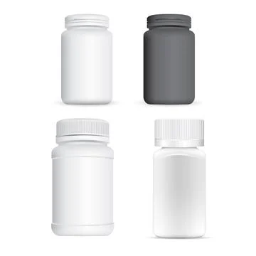 Plastic pill bottle. White supplement jar, capsule Stock Illustration