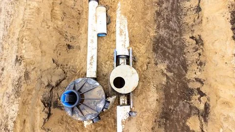 Plastic pipelines in trench construction work in civil construction Stock Photos