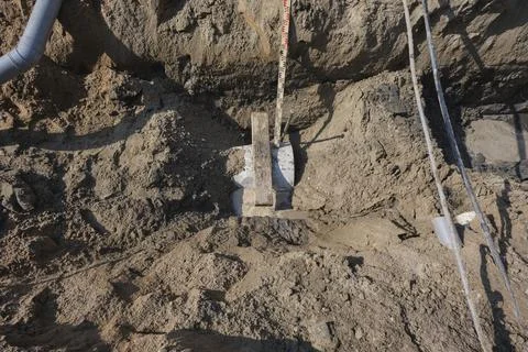 Plastic pipes in the ground during the construction of a building Stock Photos