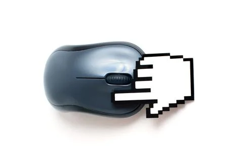 Plastic Pixel Hand Pointer Clicks a Computer Mouse Stock Photos