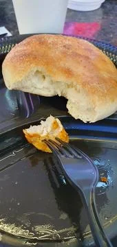 On a plastic plate bread chicken meat on a fork (3) Stock Photos