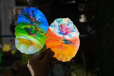 Plastic plate during processing. Close up view. Colorful plastic sheet workpi Stock Photos