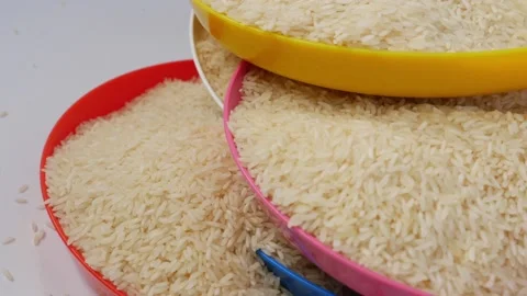 Plastic plates filled with raw rice placed over one another Stock Footage 147693719