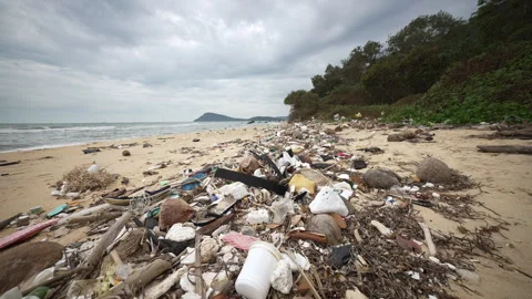 Plastic Pollution Accumulating On A Tropical Beach. Polluting Microplastics And Stock Footage 328336216