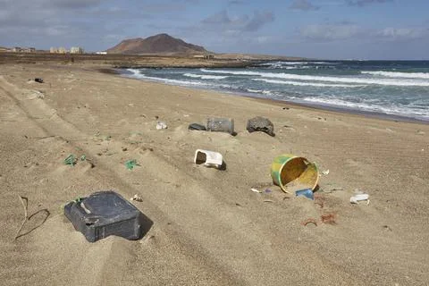 Plastic pollution on the beach at Baia Parda, east coast of Sal, Cape Verde Stock Photos