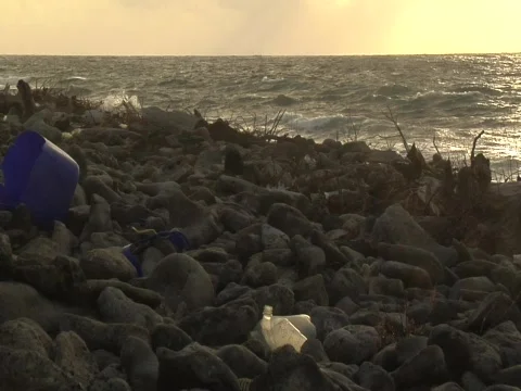 Plastic pollution on a beach at sunrise Video stock 584801