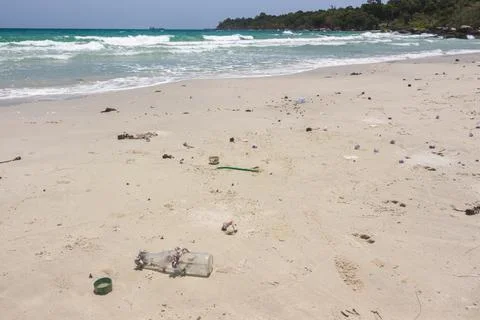 Plastic pollution on a beatiful beach at Koh Rong Stock Photos