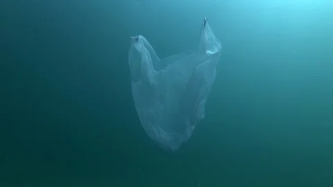 Plastic pollution, Blue plastic bag swims underwater in sunray. Plastic debris Video stock 116326123