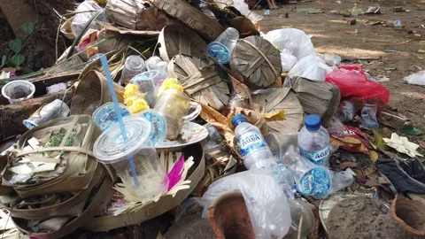 Plastic Pollution closeup, Trash in Bali Indonesia mixed with religious Stock Footage 341877872