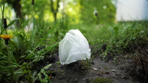 Plastic pollution concept. The package lies in the grass in the park Stock Footage 154136485