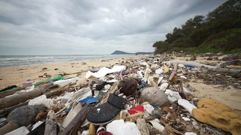 Plastic Pollution Covering Sandy Beach. Accumulation Of Plastic Waste And Stock Footage 314703989