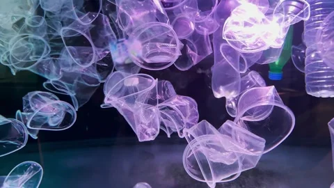 Plastic pollution, discarded plastic cups slowly drifting under surface of the Stock-Footage 261693695