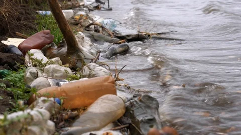 Plastic pollution of the environment. Plastic bottles and other non-degradable Stock Footage 116996306