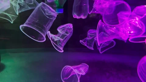 Plastic pollution of the Ocean. Plastic cups and plastic bags drifts under Stock Footage 255975128