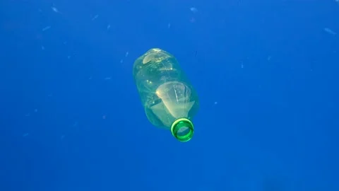 Plastic pollution, plastic bottle in blue water. Discarded green plastic bottle Stock Footage 150424930