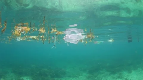 Plastic pollution problem. Bottles and bags dumped in sea causing environmental  Видео 65449721