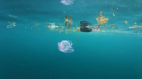 Plastic pollution problem. Bottles and bags dumped in sea causing environmental  Stock Footage 65449732