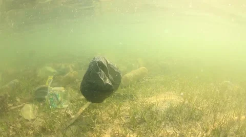 Plastic pollution problem. Bottles and bags dumped in sea causing environmental  스톡 동영상 65450609