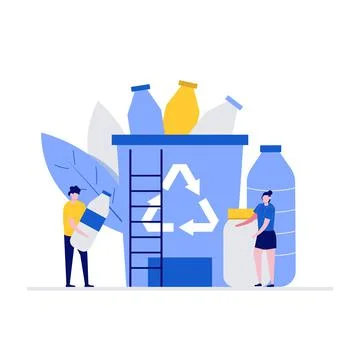 Plastic pollution problem vector illustration concept with characters. Group  Stock Illustration
