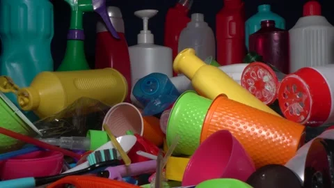 Plastic pollution, recycle. Disposable cups, packaging, shopping bags Video stock 150954495