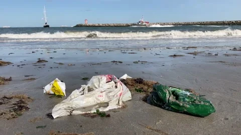 Plastic pollution Scheveningen and rescue boat 動画素材 139802300